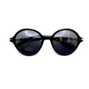 Round Black Acetate Sunglasses Gold Metal Accents, White Interior laminate